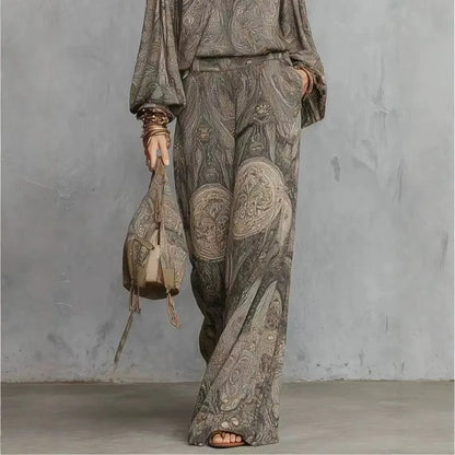 Boho Women 2‑piece Outfit Vintage Paisley Print Long‑sleeve Blouse