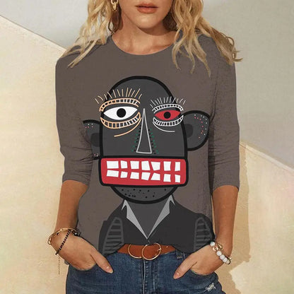 Abstract Art Face Painting Autumn Women's Round Neck Long Sleeve T-shirt Trend Loose Round Neck Long Sleeve T-shirt