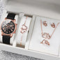 Fashion Women's Quartz Watch Leather Band Analog Wrist Watches Heart Rhinestone Jewelry Set(With Exquisite Gift Box)