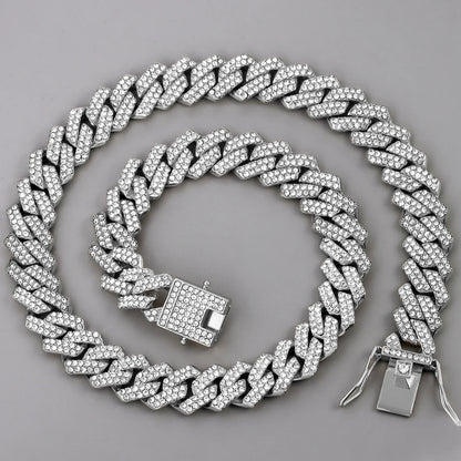 14mm Iced Out Prong Cuban Link Chain Necklace for 2 Row Rhinestone