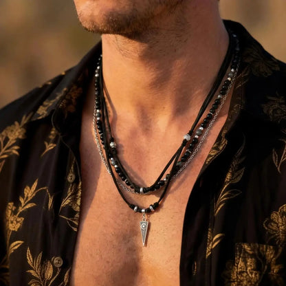Rock Punk Layering Necklace for Men,Casual Multi Layer Black Leather Necklace,Waterproof Small Geometric Pendant Gift