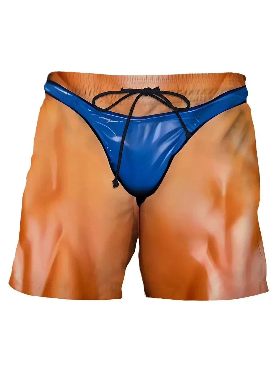 Summer New Men's Board Shorts Swimming Pants Drawstring Funny Shorts Fake Shorts Underwear Printed Micro Elastic Shorts