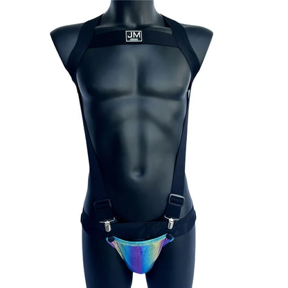 Sets Men Bodysuit Suspender Jumpsuits Nylon Jock Strap Harness Gay Underwear Jockstrap Laser Faux Leather Removable Penis Pouch