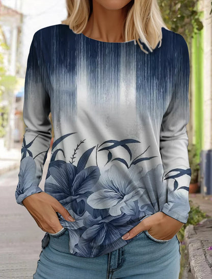 2024 women's fashion tops long sleeve round neck pullover casual long sleeve tshirt new 3d printed striped gradient floral print