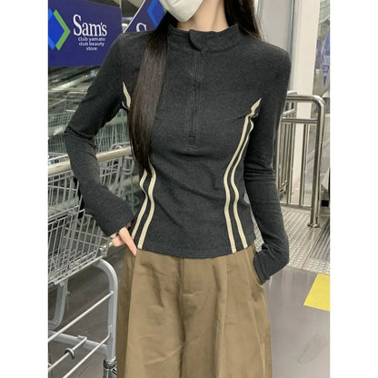 Women's Retro Short Fit Half Zip Long Sleeve T-Shirt Trendy