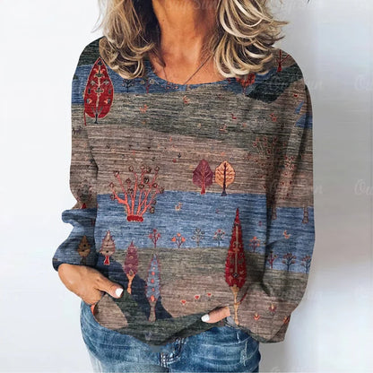 Women's Natural Scenery Printed Long Sleeve T-Shirt Casual Ladies Tops Daily Loose Clothes Retro Casual Fashion Ladies T-Shirt
