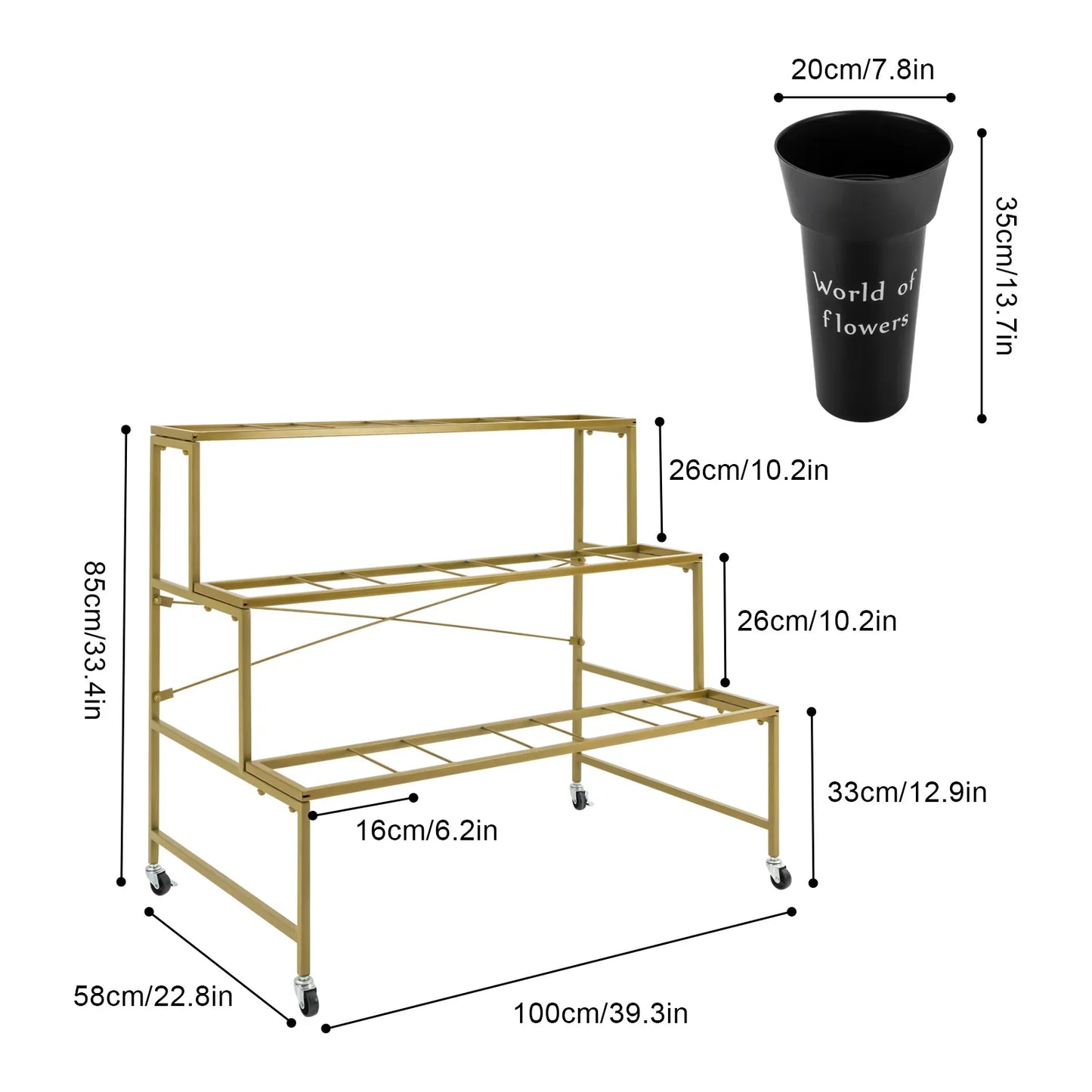3 Layers Flower Display Stand with 12PCS Black Buckets,Metal Moving Plant Stand with Wheels, Garden Cart Display Flower Shelf