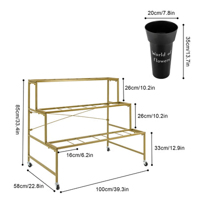 3 Layers Flower Display Stand with 12PCS Black Buckets,Metal Moving Plant Stand with Wheels, Garden Cart Display Flower Shelf