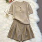 Elegant Casual 2 Piece Set 2026 Women Crochet Knit V Neck Button Short Sleeve Top High Waist Tailored Shorts Daily Summer Outfit