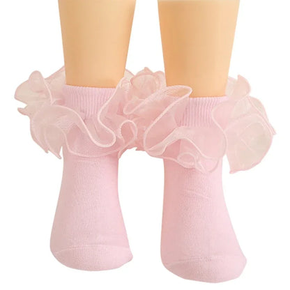 1 Pair Girls' Puffy Lace Socks Children's Combed Cotton Lace Socks