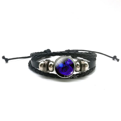 New Men 12 Constellation Black Braided Leather Bracelet Punk Style Zodiac Sign Multilayer Weave Wrap Bracelet For Birthday Gifts