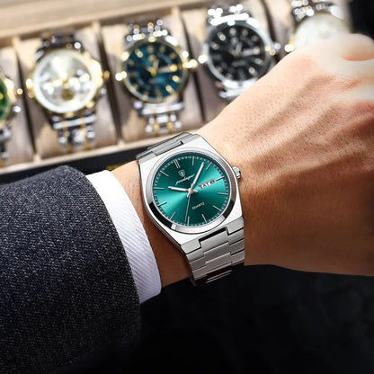POEDAGAR Luxury Sport Quartz Man Wristwatch Waterproof Luminous Date Week Men Watches Stainless Steel Men's Watch Male Reloj+box