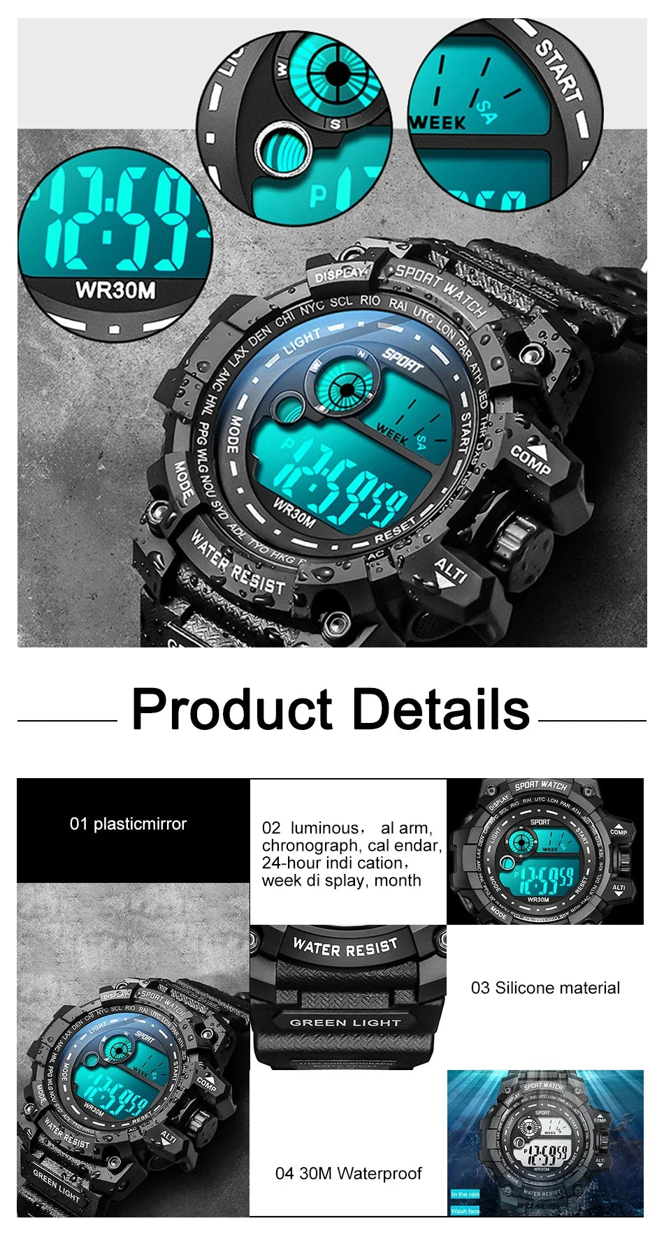 Men LED Digital Watch – Luminous Waterproof Sport Military Wristwatch