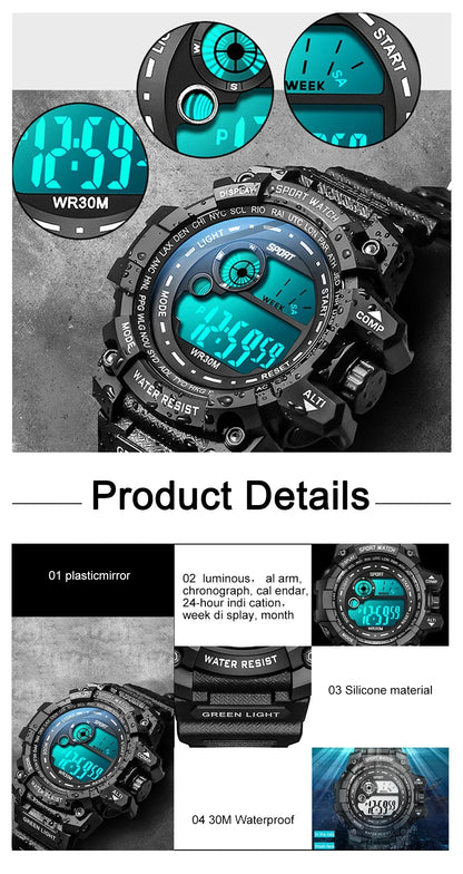 Men LED Digital Watch – Luminous Waterproof Sport Military Wristwatch