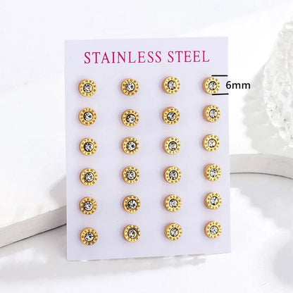 12 Pairs Pack Stainless Steel Round Shape Cubic Zircon Roman Numeral