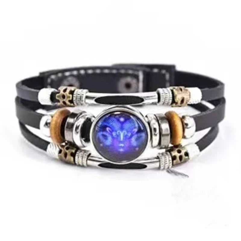 Twelve Constellations Luminous Leather Bracelet Retro Multi-layer Beaded Leather Bracelet Jewelry Gifts for Men Women Couples