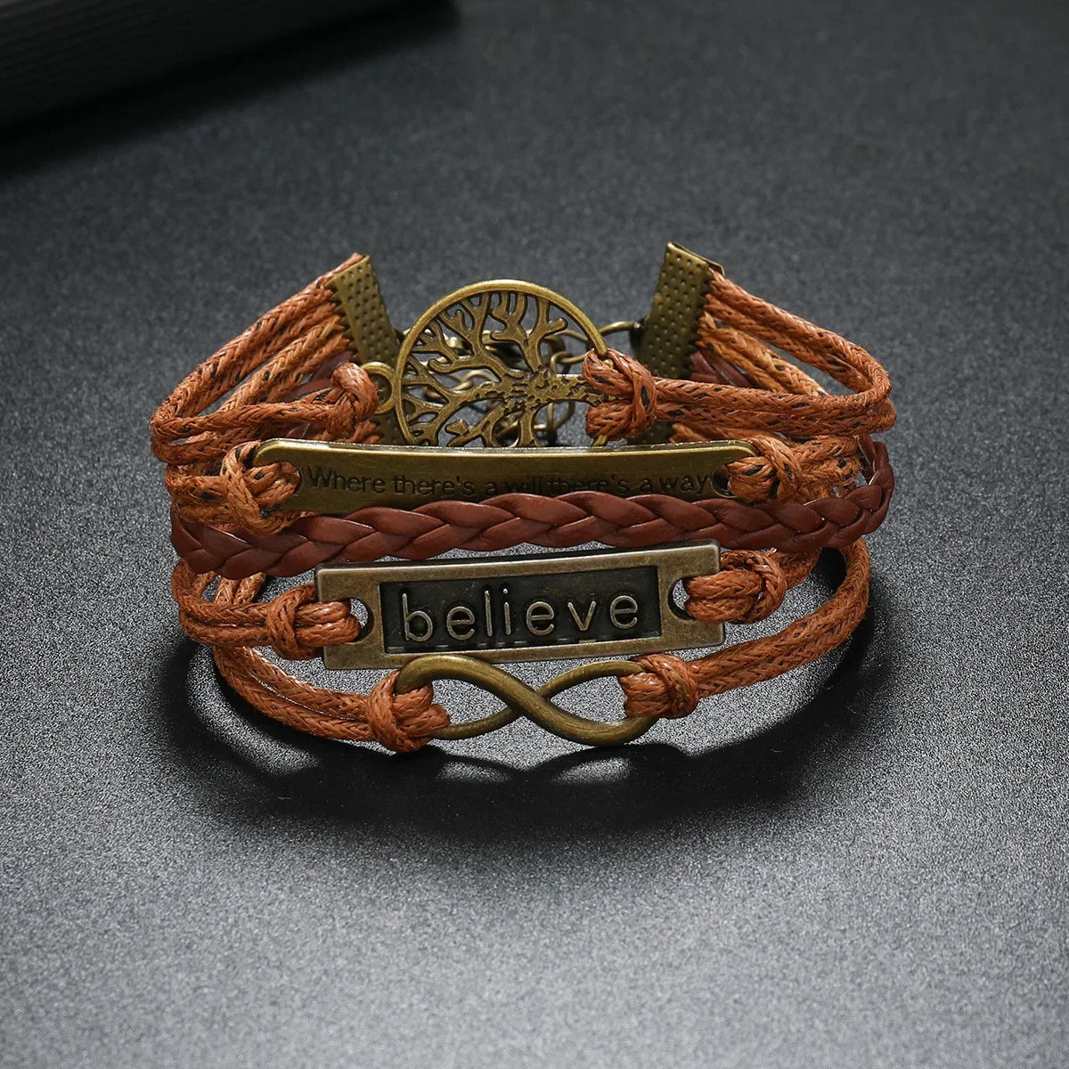 Brown Believe Tree of Life Infinity Charm Faux Leather Bracelet