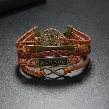 Brown Believe Tree of Life Infinity Charm Faux Leather Bracelet