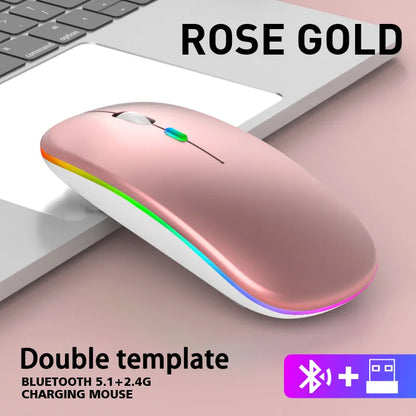 Wireless Mouse Bluetooth and 2.4GHz Dual Modes Rechargeable RGB Ergonomic Silent Click for PC iPad Laptop Cell Phone TV