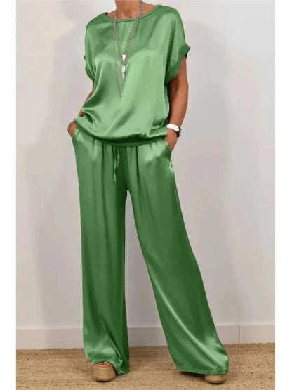 2-Piece Set Fashion Satin O Neck T-Shirt Top Trousers Summer Retro