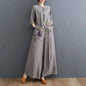 Ethnic style Pant Suit Women's Ramie Upper Garment Summer Cotton Linen Cardigan Embroidery Mother's Loose Two-Piece Set Female
