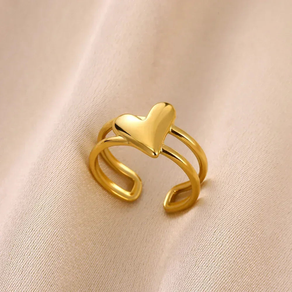 Stainless Steel Flower Open Rings For Women Trend Wedding Heart Jewelry Gold Color Geometric Hollow Ring Daily Accessories Gift