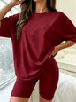 Large-size women's casual summer short-sleeved dress with tight shorts set, suitable for exercise and fitness, soft and comforta