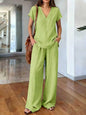 Loose Summer Trousers Set Solid Color Simple Daily Comfortable V-neck Short-sleeved Pullover Top Wide-leg Trousers Two-piece Set