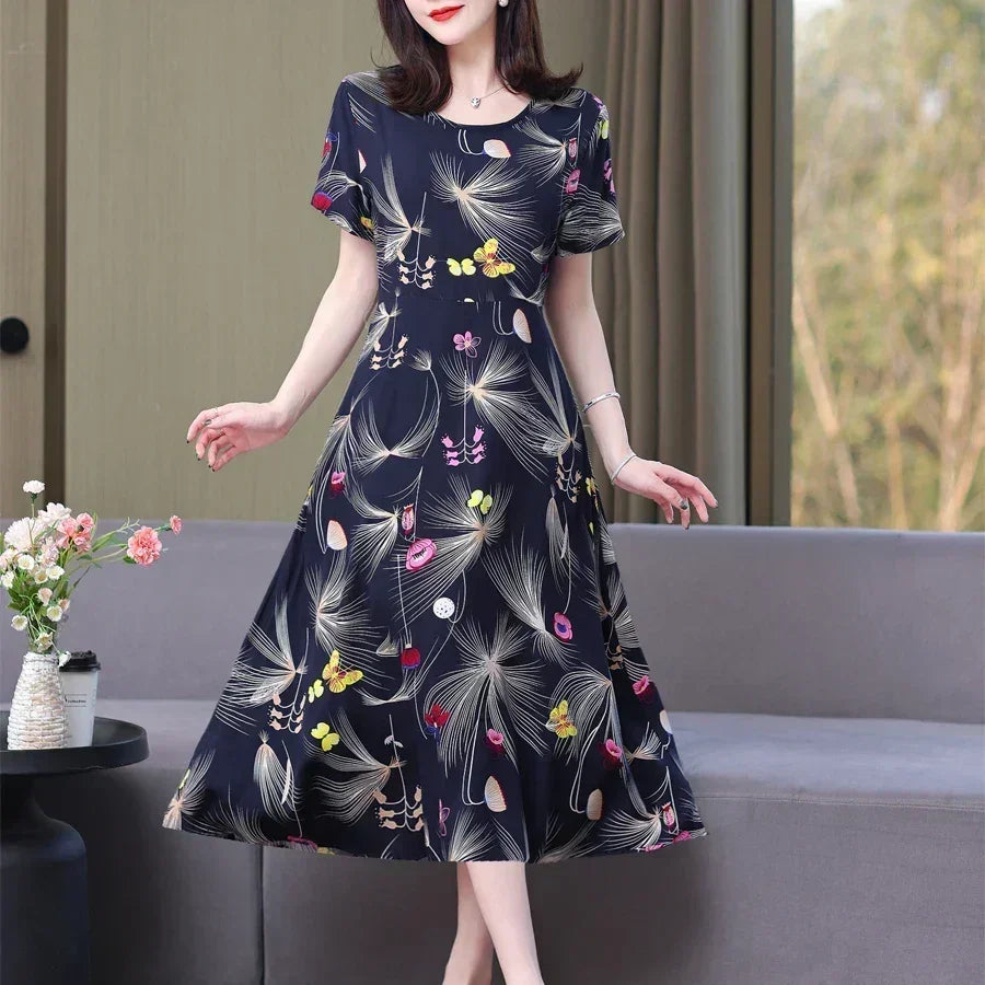 New Fashion Casual 2024 Summer Elegant Dresses For Women O-Neck Print Vintage Short Sleeve Dress Loose Women Clothing