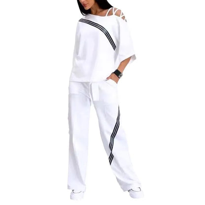 Women's White Sports Shirt+casual Pants Cotton