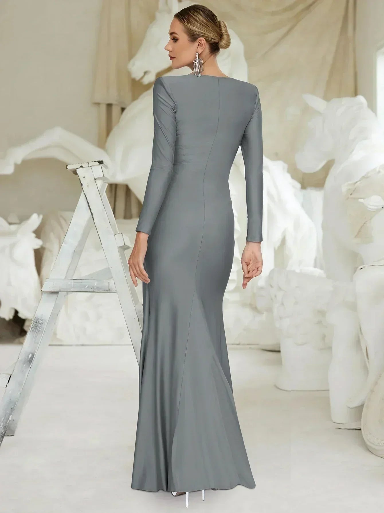 Dulzura Long Sleeves Shoulder Pad Ruched Maxi Dress Solid Elegant Prom Evening Party Long Dress Women’S Autumn Winter Outfit
