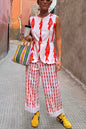 Summer Women Cartoon Red Fish Print O Neck Tank Top And Straight Female Long Pants Short Sleeve Shirt Wide Leg Pant 2 Piece Sets