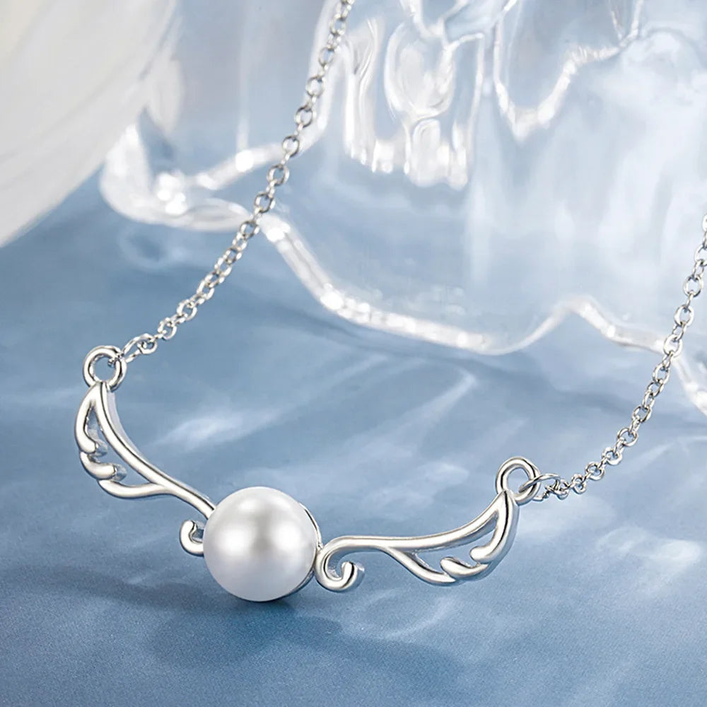 925 Sterling Silver Light Luxury Premium Wings Pearl Necklace Anniversary Birthday Party Wedding Gift