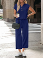 Women 2 Piece Outfit Set V Neck Button Short Sleeve T Shirt Drawstring Wide Leg Capri Pants Casual Loose Tracksuit Loungewear Va