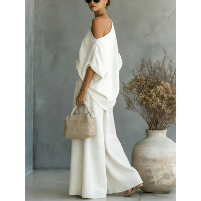 Spring/summer Korean Casual Pleated Half-Sleeve Shirt Wide-Leg Pants