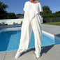 Women's Casual Loose Irregular Suit Solid Elegant Short Sleeved Round Neck Long Tops + Wide Leg Pants 2 Piece Set Summer Holiday
