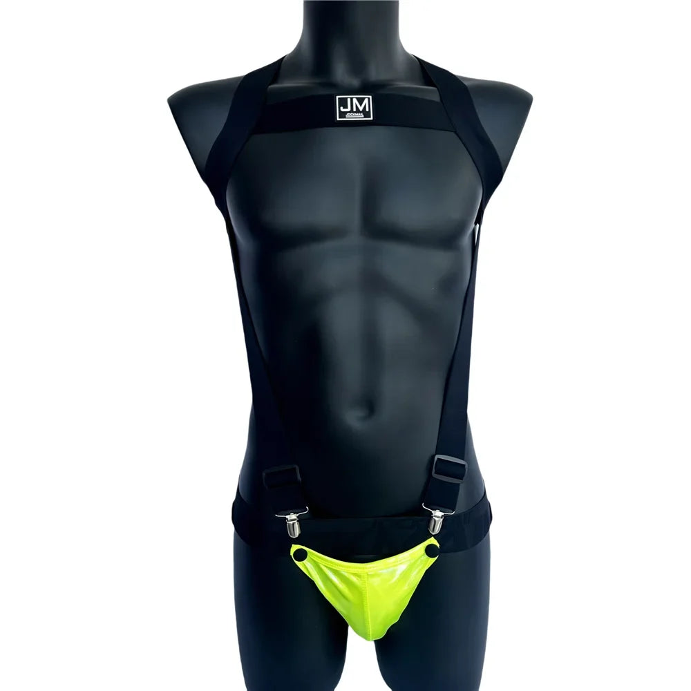 Sets Men Bodysuit Suspender Jumpsuits Nylon Jock Strap Harness Gay Underwear Jockstrap Laser Faux Leather Removable Penis Pouch