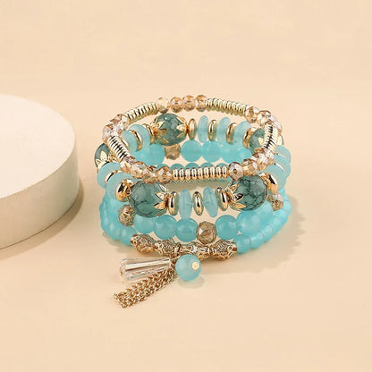 4Pcs Bohemian Women Pink Tassel Bracelet Set For Female I Love You Feather Round Charm Beads Chain Bangle Fashion Party Jewelry
