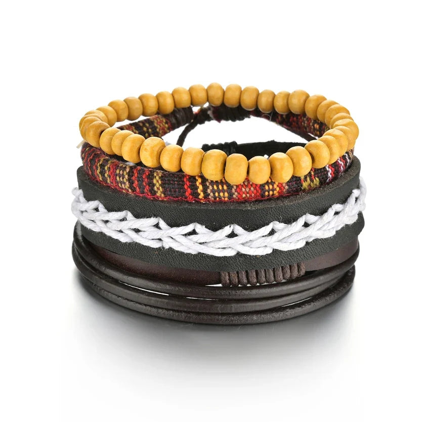 MeMolissa 3/4Pcs/ Set Braided Wrap Leather Bracelet for Men Vintage Life Tree Guitar Wood Beads Fashion Male Bracelets Wristband
