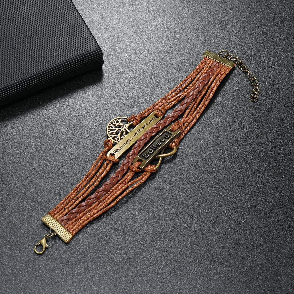 Brown Believe Tree of Life Infinity Charm Faux Leather Bracelet