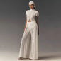 Solid Lace Two Piece Set Round Neck Short Sleeve Cutout Crop Top High Waist Wide Leg Pants 2026 Summer Elegant Party Outfits