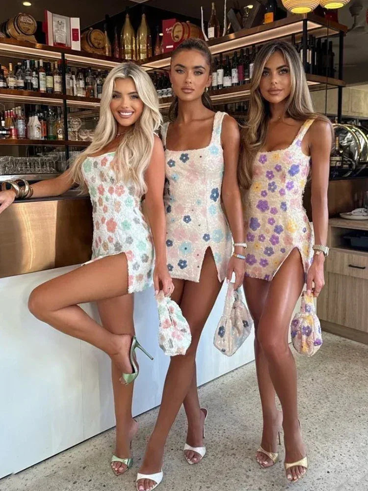 Colorful Rhombus Sequins Sexy Mini Dress Elegant Chic Straps Slit Bodycon Party Dresses Summer Holidays Evening Women Dress 2025