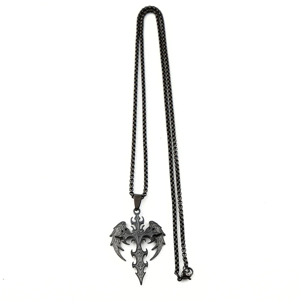 Gothic Punk Angle Wing Spiked Cross Pendant Necklace For Women Men Stainless Steel Black Color Hip Hop Chain Protection Jewelry