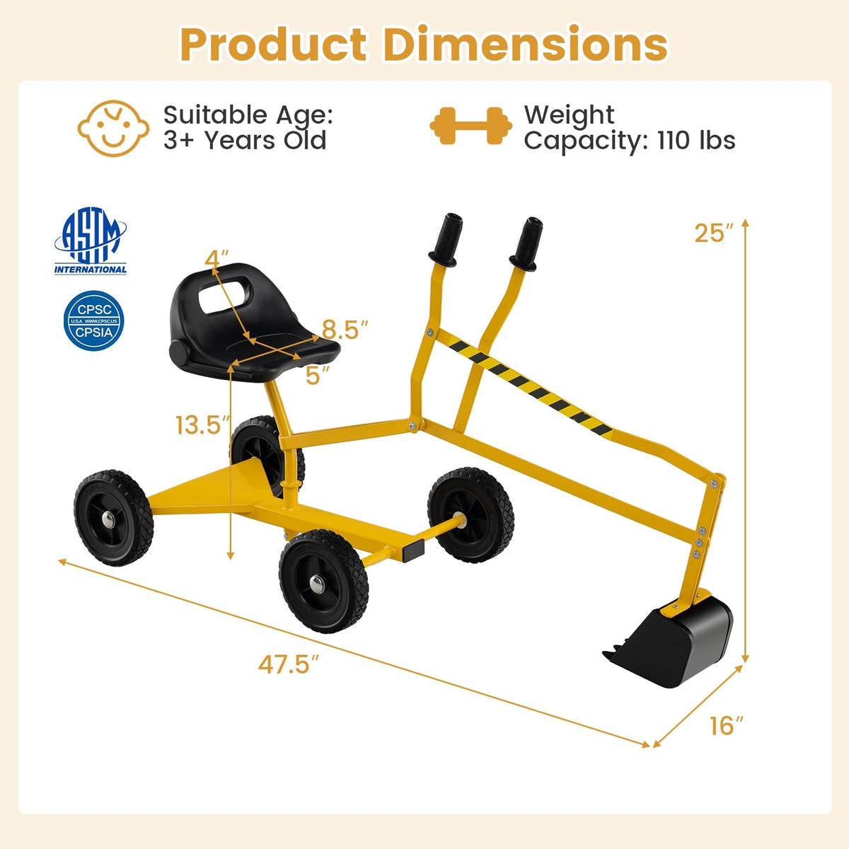 Sand Digger for Kids Sandbox Toy Digger with 2-Handed Controls and Flexible Shovel-Yellow