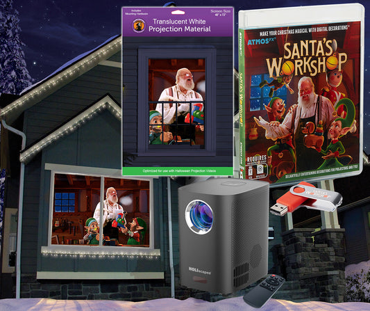 AtmosFX Santa's Workshop Digital Decoration on USB+ Projector + 48" x 72" White Fabric Rear Projection Screen