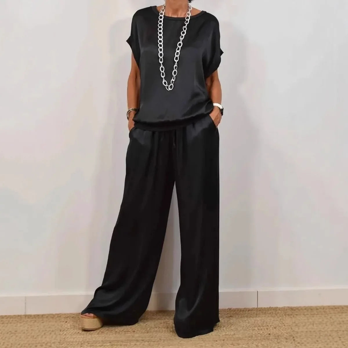 Casual Loose Satin T Shirt Pants Two Piece Sets Women Fashion O-Neck