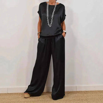 Casual Loose Satin T Shirt Pants Two Piece Sets Women Fashion O-Neck