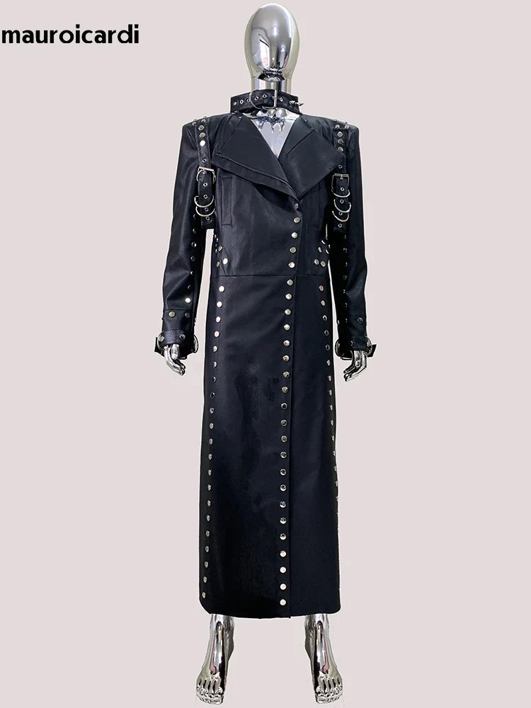 Men’s Luxury Black PU Leather Trench Coat – Rivet Punk Designer Jacket | Longline Streetwear Overcoat (Spring/Fall)