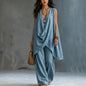 Women Holiday Blouse Pant Suits Summer Sexy V Neck Sleeveless Loose Asymmetrical Blouse Tops&Wide Leg Full Trouser Sets