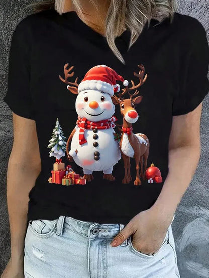 Christmas Women Casual T Shirt Cartoon Snowman Reindeer Christmas Tree Print Female Short Sleeve T-Shirt Suitable for All Season
